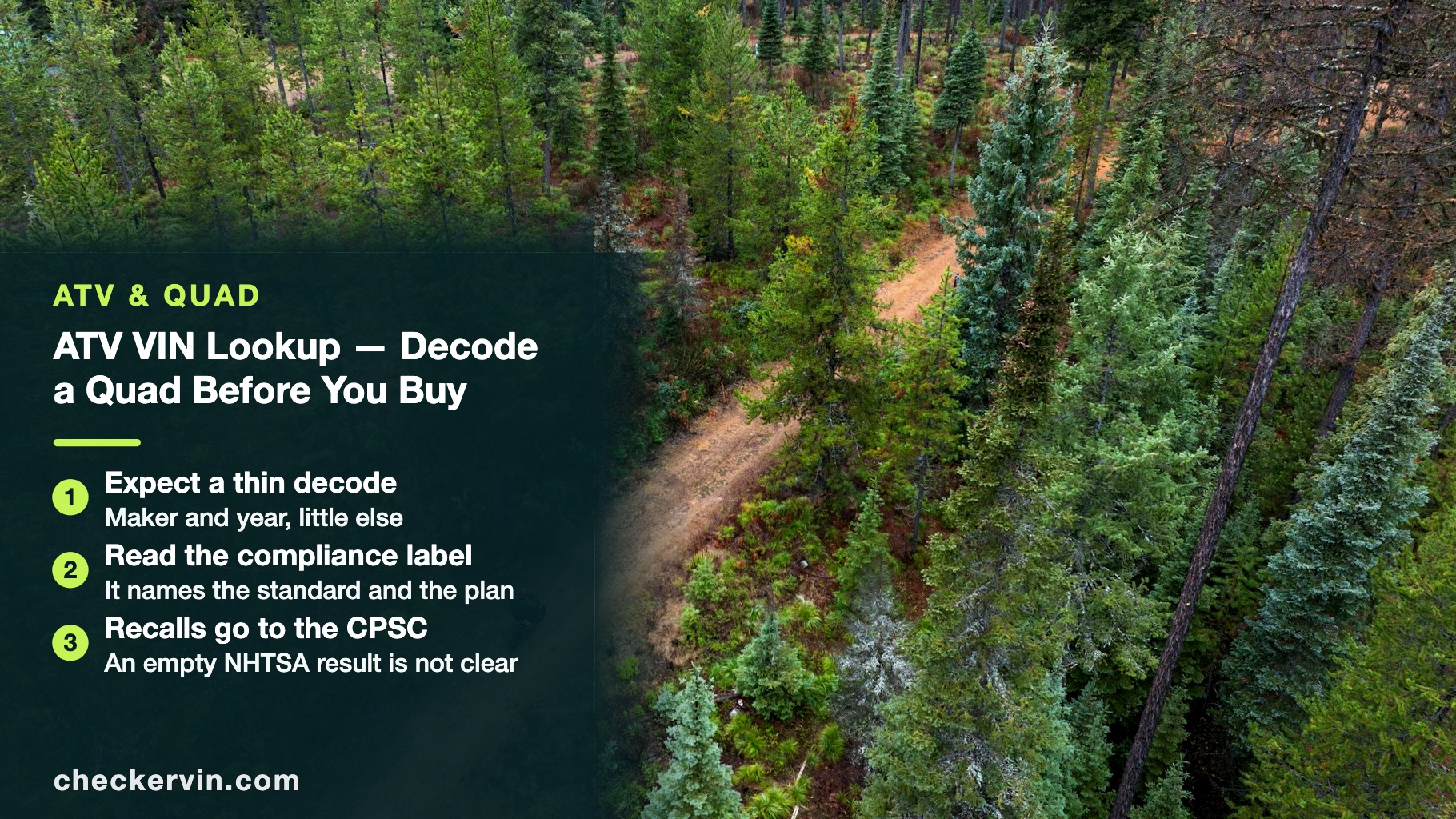 Aerial view of a rider on a forest trail beside a panel listing three steps for checking an ATV before buying it.