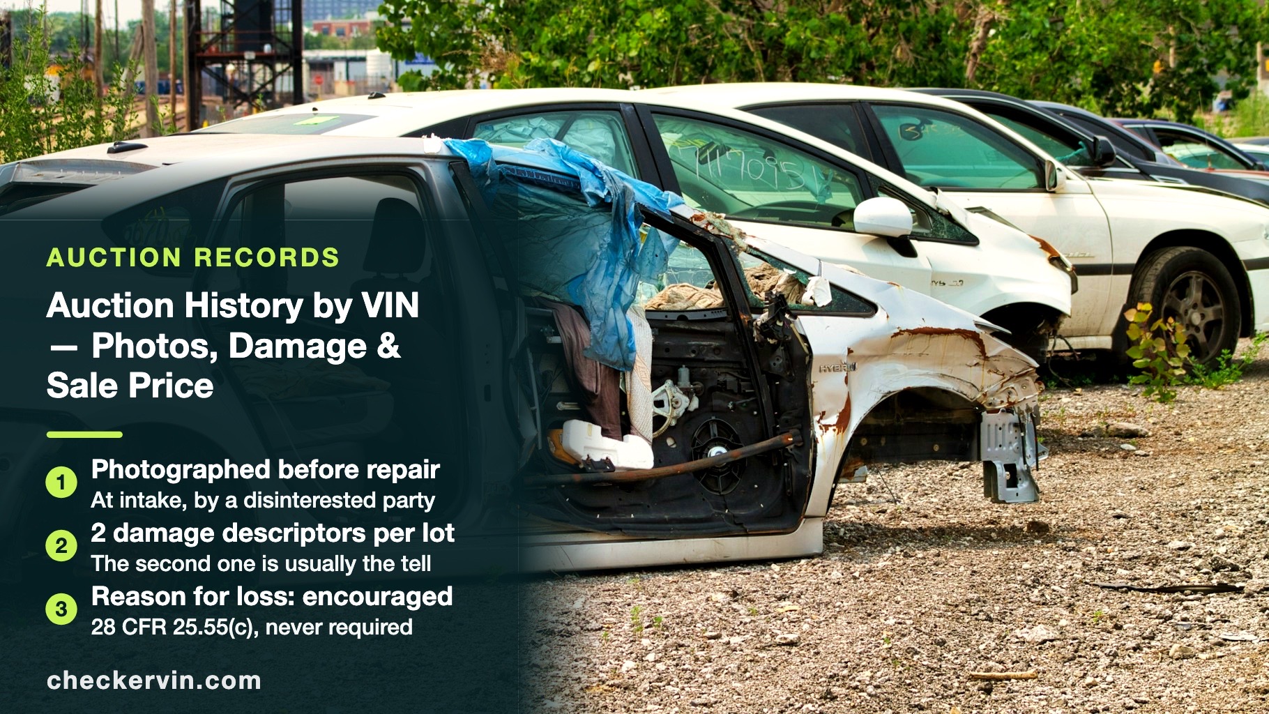 A stripped car standing in a salvage yard with its doors removed, front fender torn, one wheel gone and a lot number written on the glass, beside a panel giving three facts about auction records