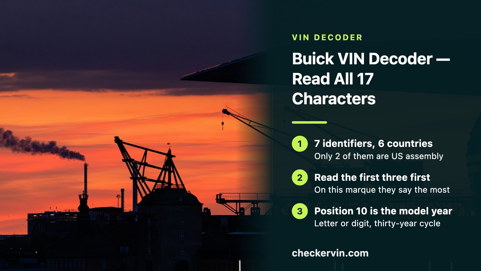 A container ship loaded with freight, beside a panel about decoding a Buick VIN.