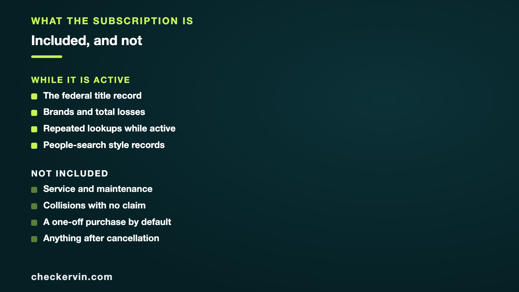Two lists separating what the subscription includes from what it does not.