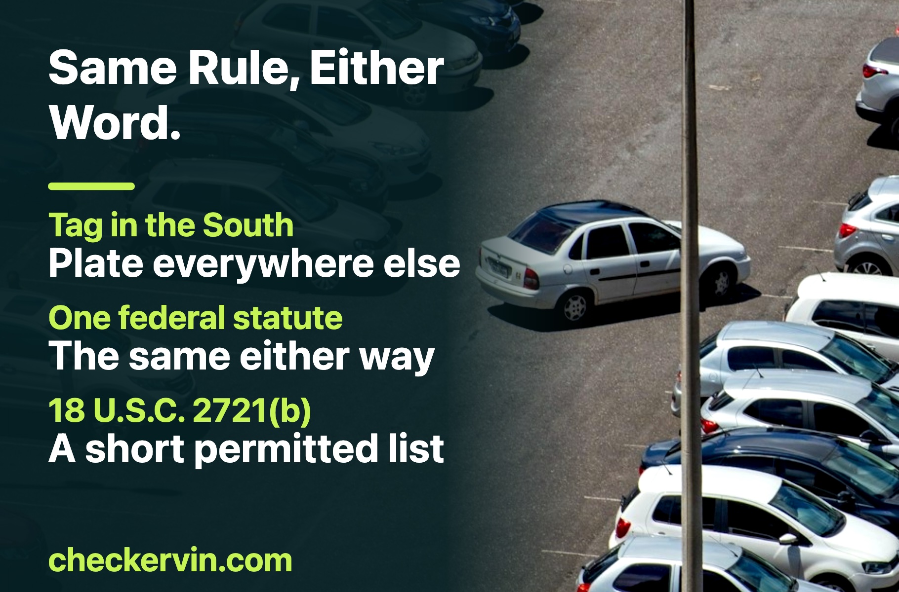 Rows of cars in a parking lot seen from above, beside a note that tag and plate are the same thing in law
