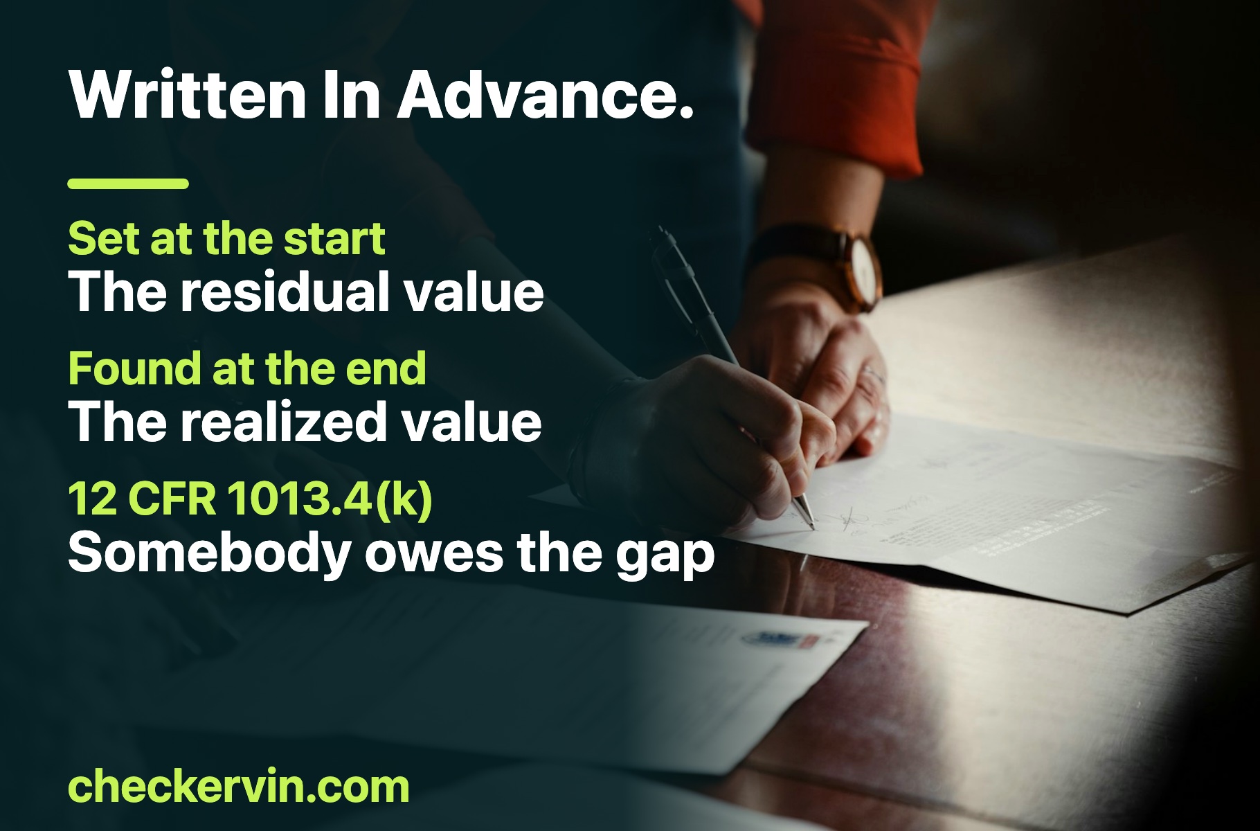 A lease agreement and pen on a desk, beside the federal disclosures that fix a vehicle's residual value