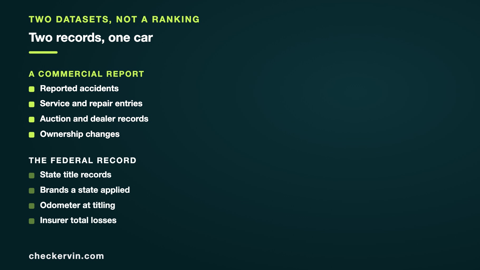 Two lists comparing what a commercial report holds against what the federal record holds.