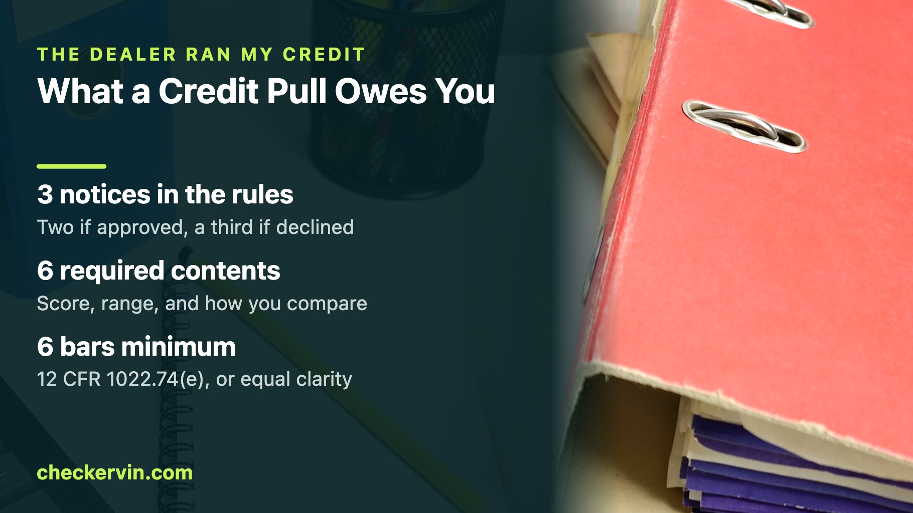 Panel on the federal notices a credit pull triggers, over a finance desk with paperwork