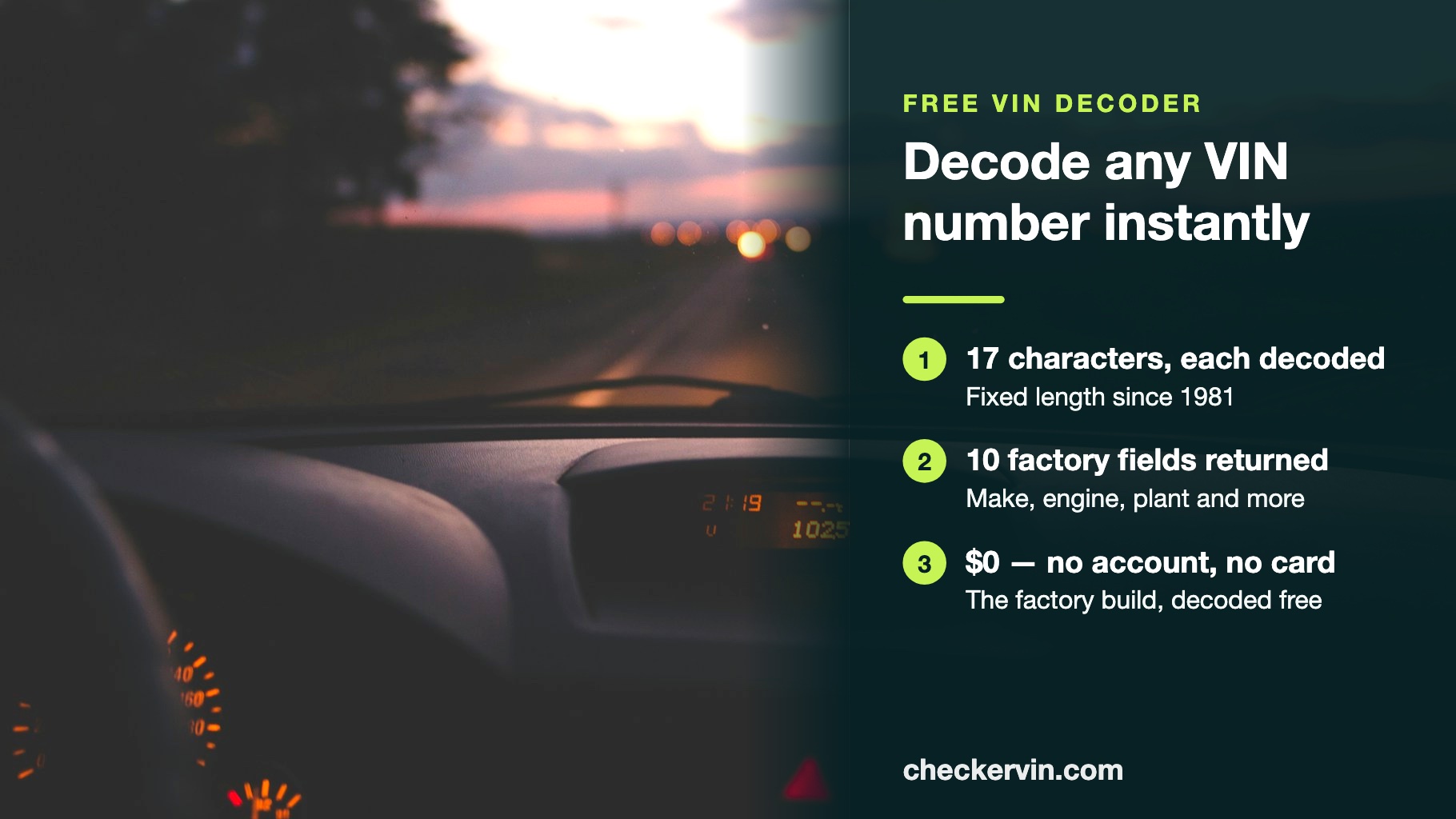VIN decoder card listing 17 characters, ten factory fields and a free decode