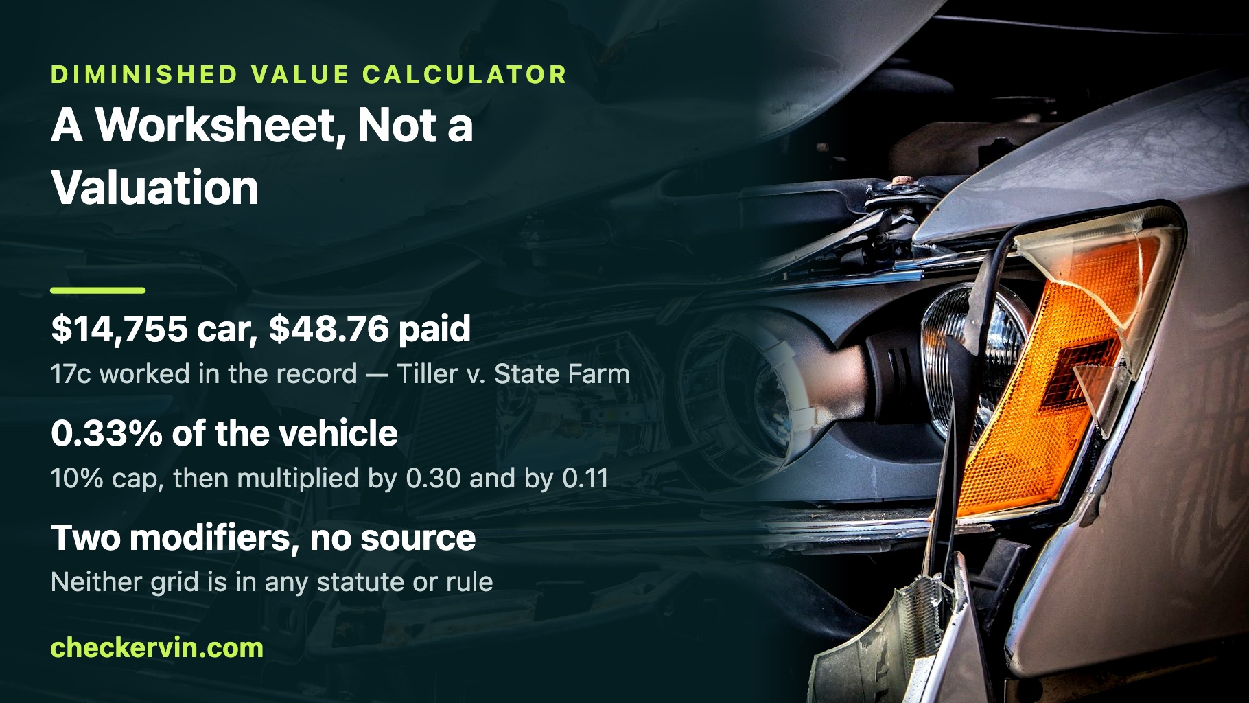 The front corner of a car after a collision, with the bumper cover torn away and the headlight assembly exposed.