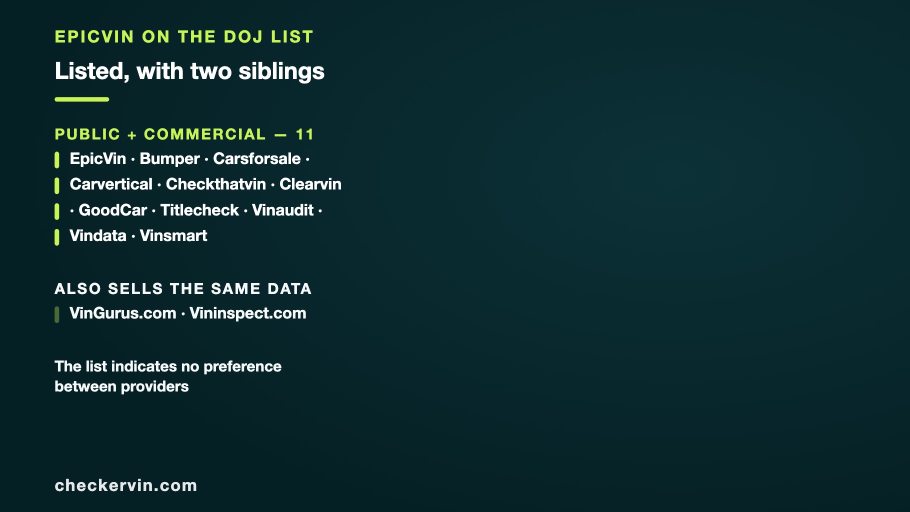 Panel showing EpicVin in the consumer tier of the federal list with its two sibling sites.