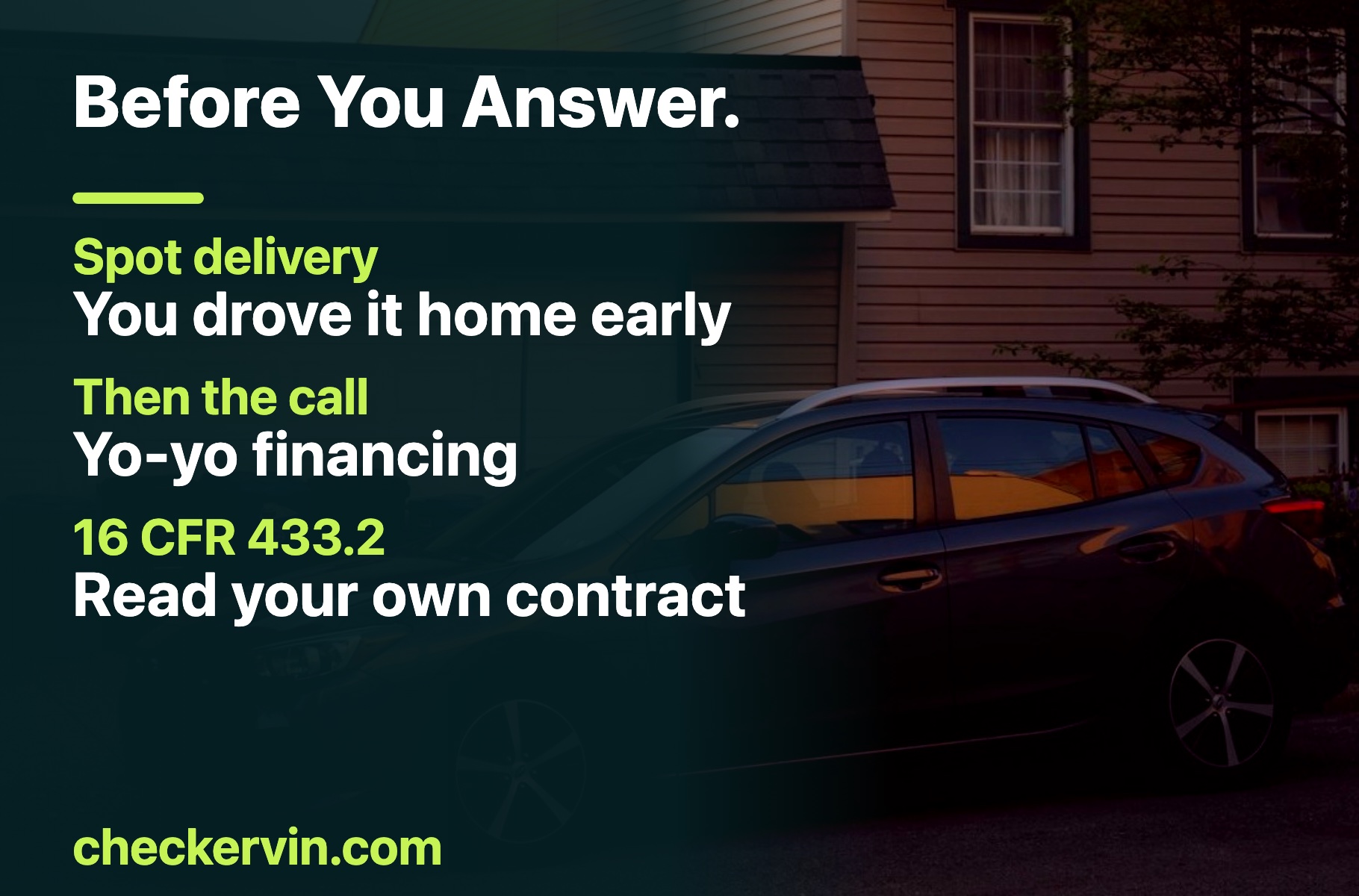 Cars parked in a residential driveway at dusk, beside the first steps to take after the dealership calls