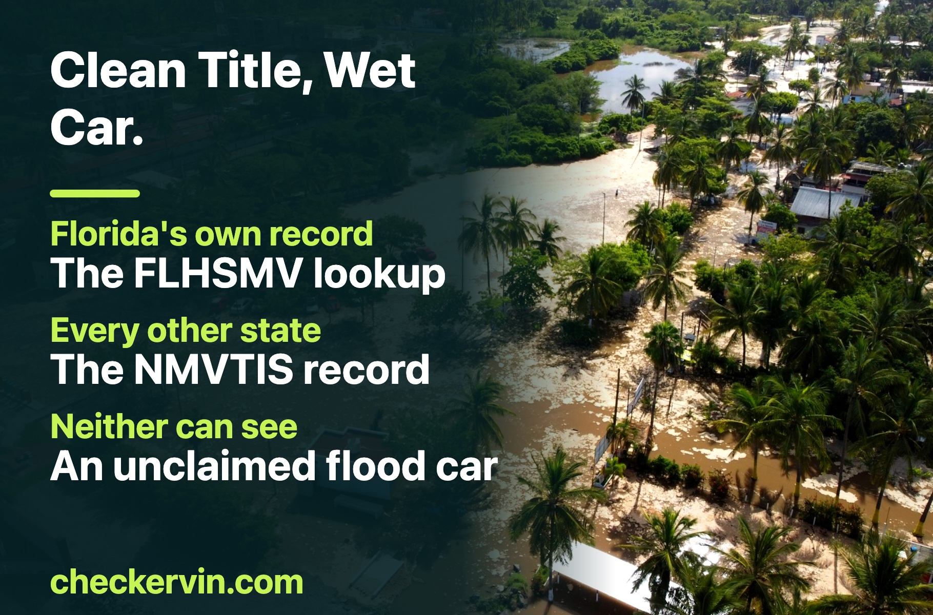 Aerial view of a coastal neighborhood after flooding, with silt across the streets and parked cars among the palms