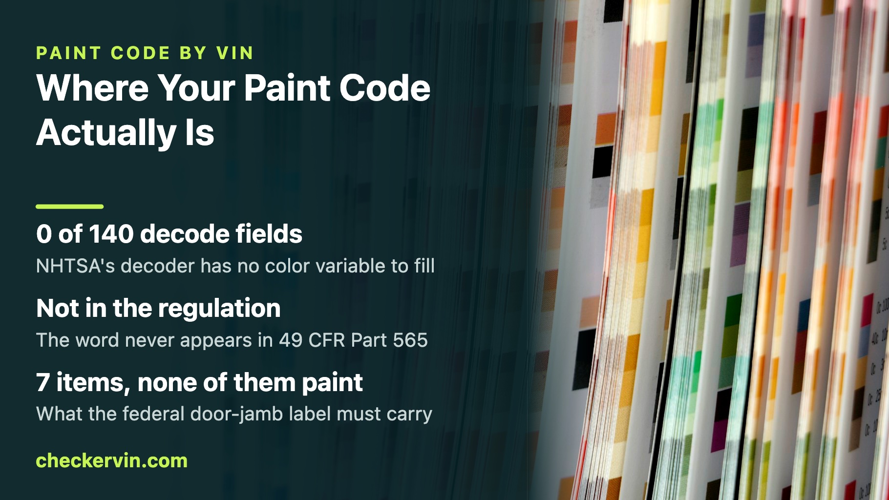 Panel stating where a car paint code lives, set over rows of color swatch fan decks