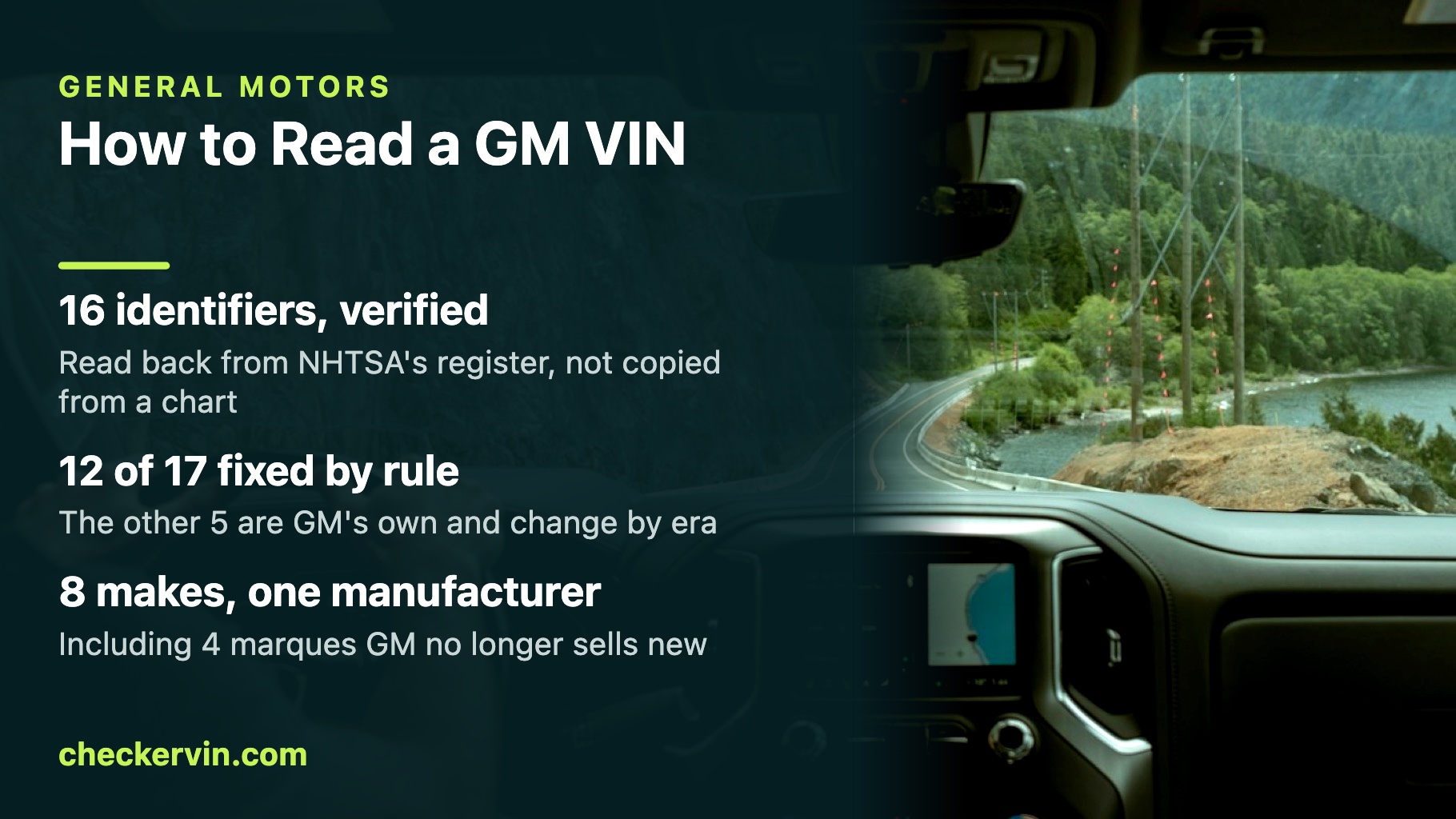 Panel reading How to Read a GM VIN over the windshield view from a full-size pickup cab
