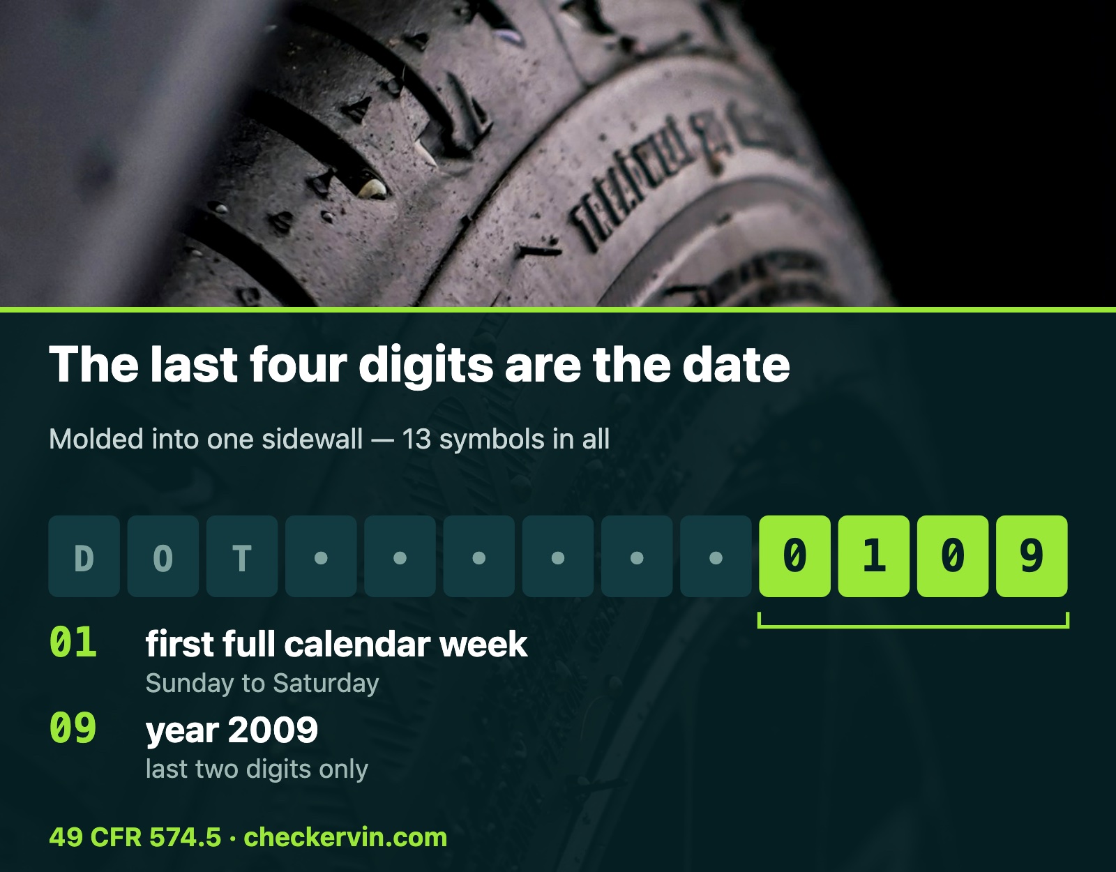 Tire sidewall with the DOT date code split into week and year digits