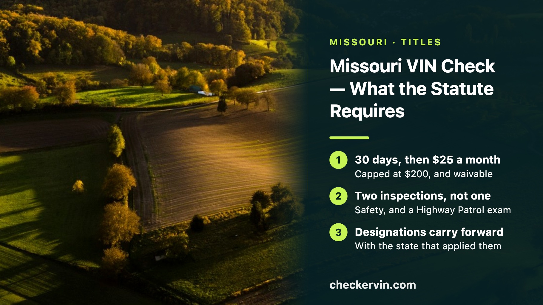 Rolling farmland in low golden light, beside a panel on what Missouri statute requires.
