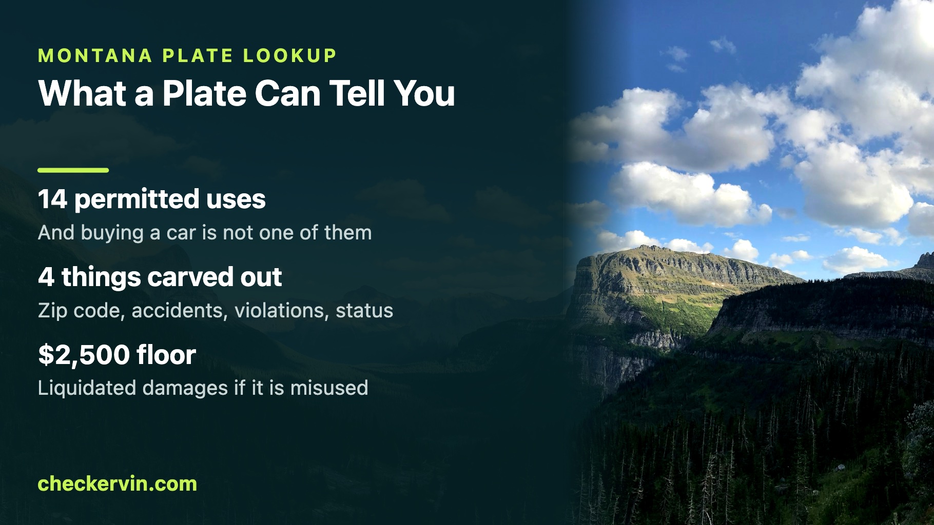 Panel on what a Montana plate lookup can legally tell you, over open Montana country