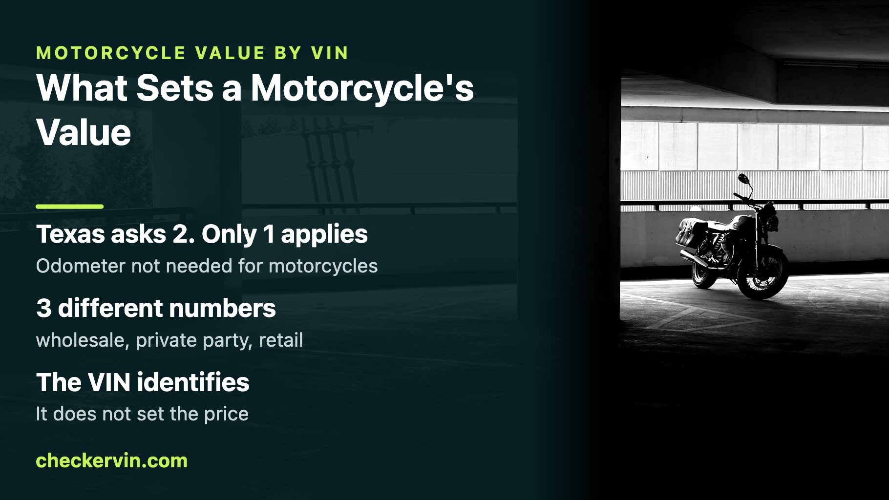 Panel on what sets a motorcycle's value beside a bike parked alone in an empty structure