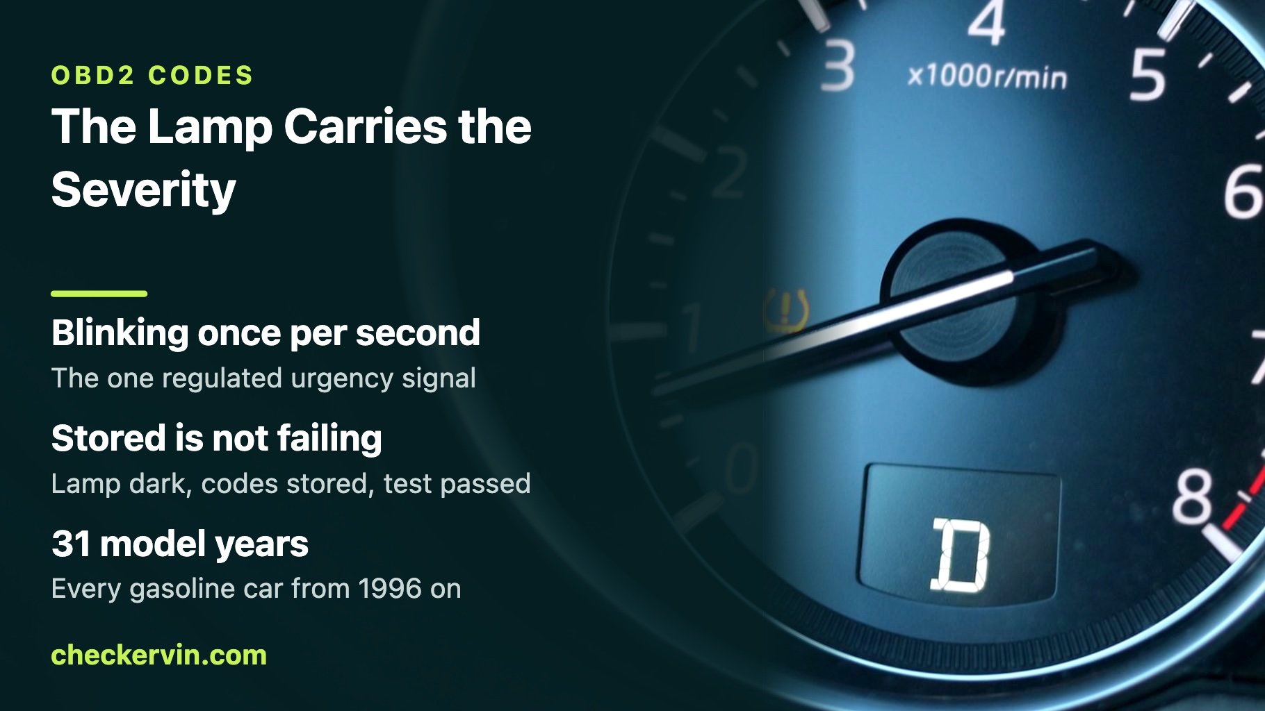 A close view of a car tachometer with a small amber tire pressure warning lamp lit beside the needle.