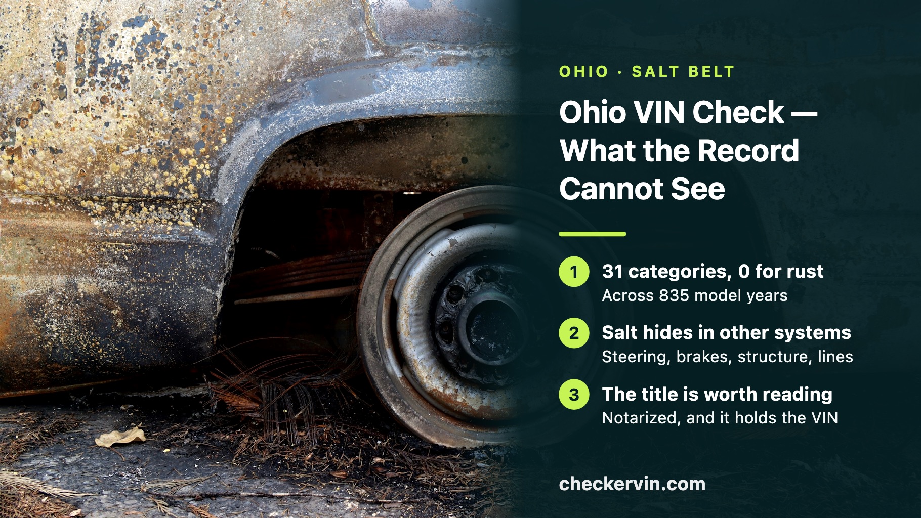 A rusted-through wheel arch on an old vehicle, beside a panel about Ohio VIN checks.