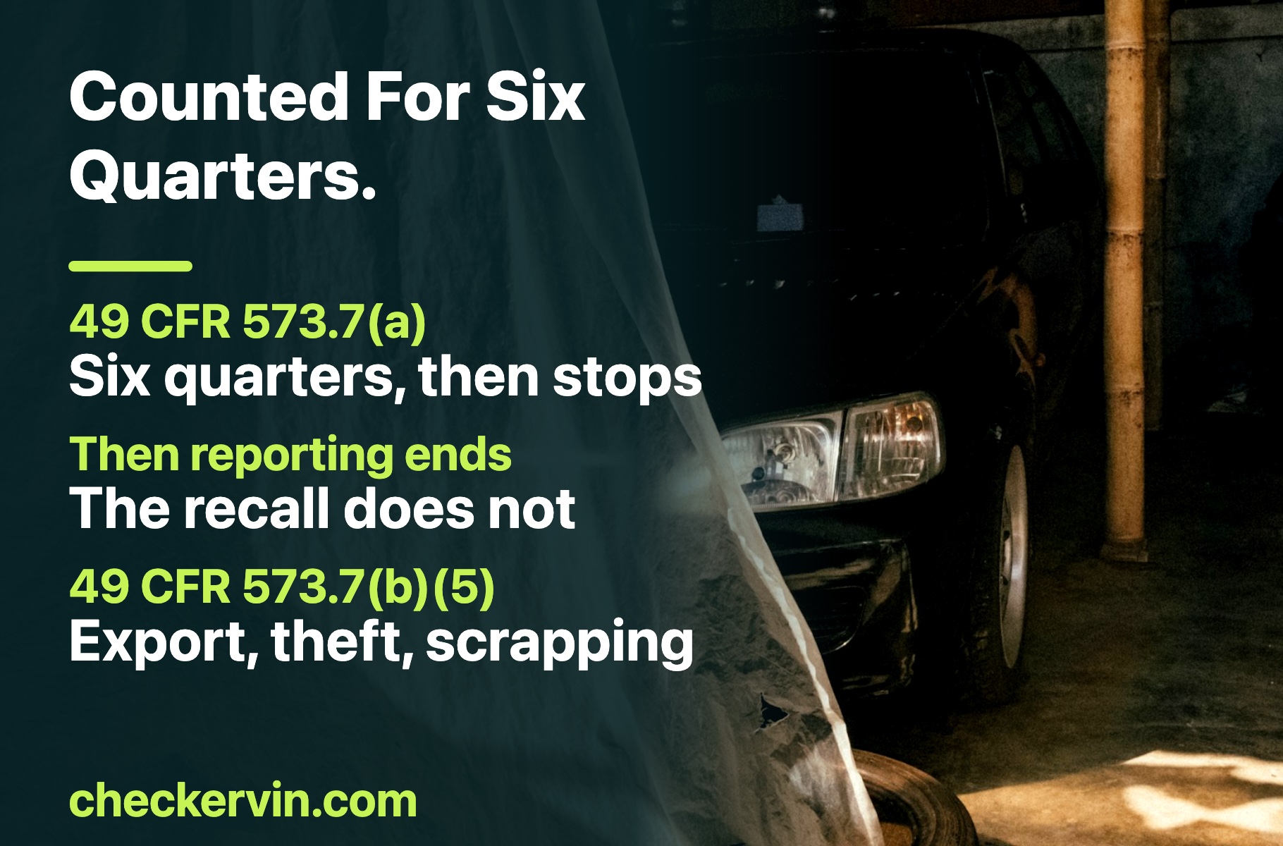 A car under a dust sheet in a garage beside the federal reporting categories for vehicles that are never inspected
