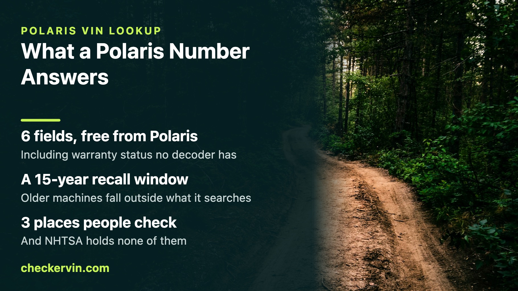 Panel on what a Polaris identification number answers, over a forest trail with tire tracks