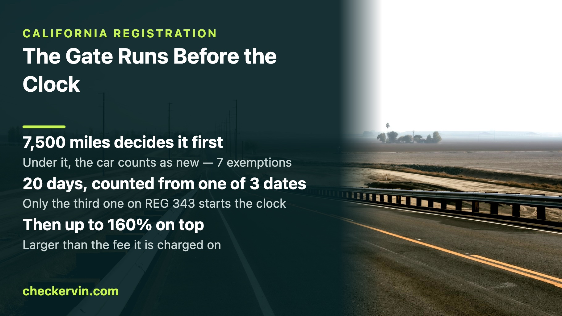 An empty two-lane highway running through flat farmland under a hazy Central Valley sky.