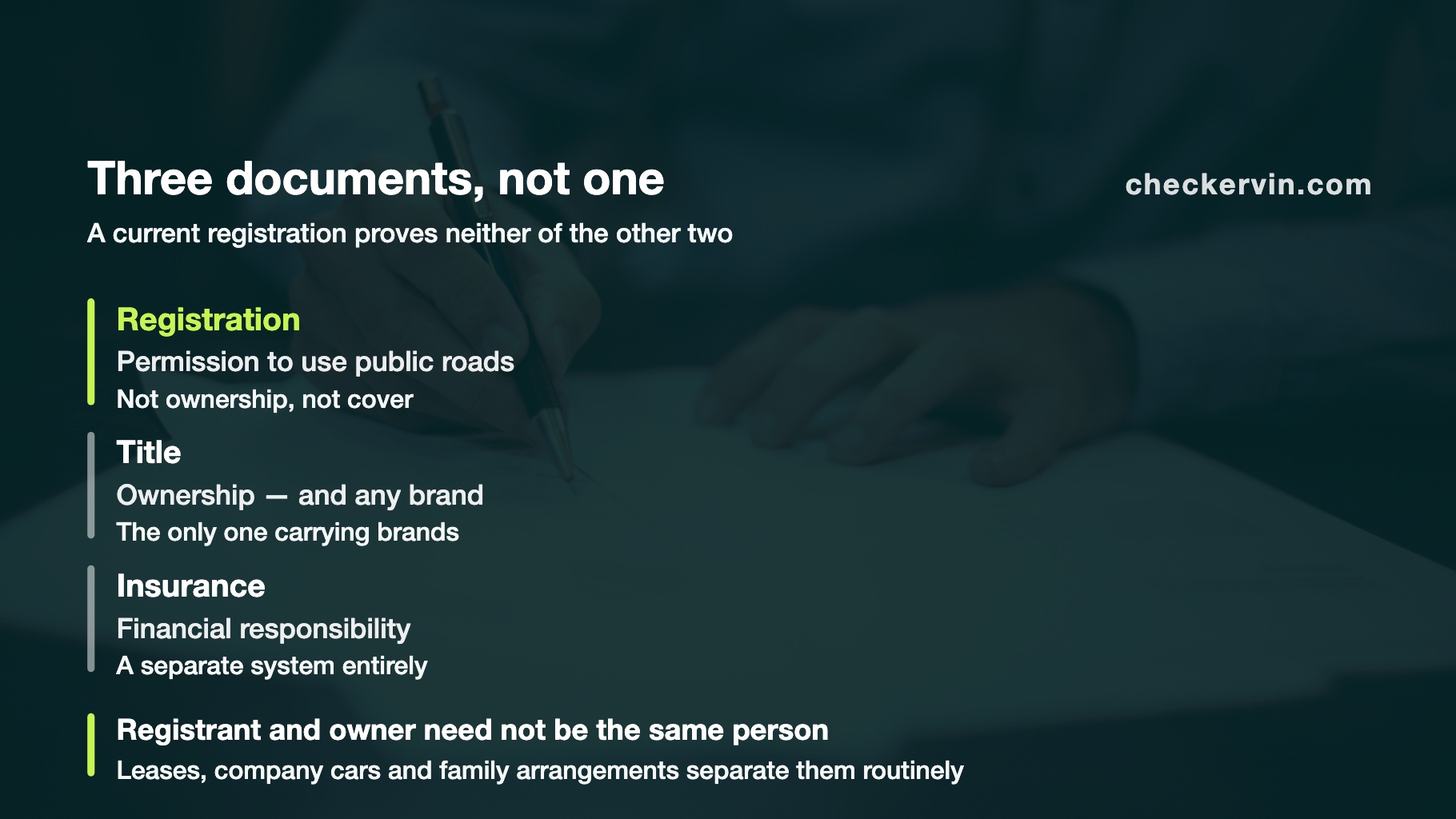 Three stacked blocks comparing what registration, title and insurance each establish about a vehicle.