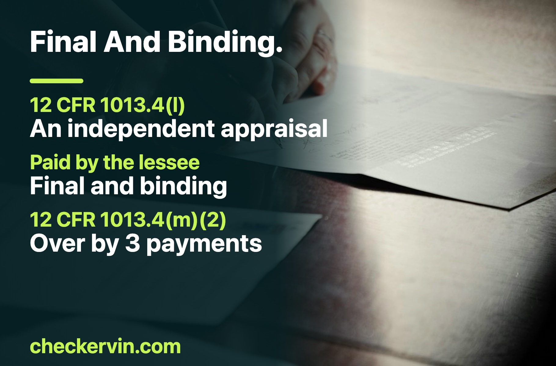 A pen resting on printed contract pages, beside the three-times-monthly-payment threshold for an unreasonable residual value