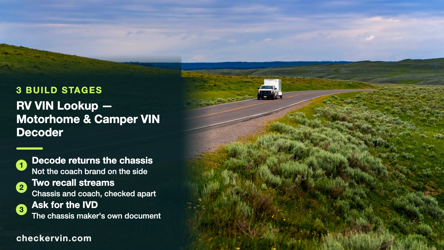 Truck towing a white camper on an open road beside a panel listing three steps for decoding an RV VIN.