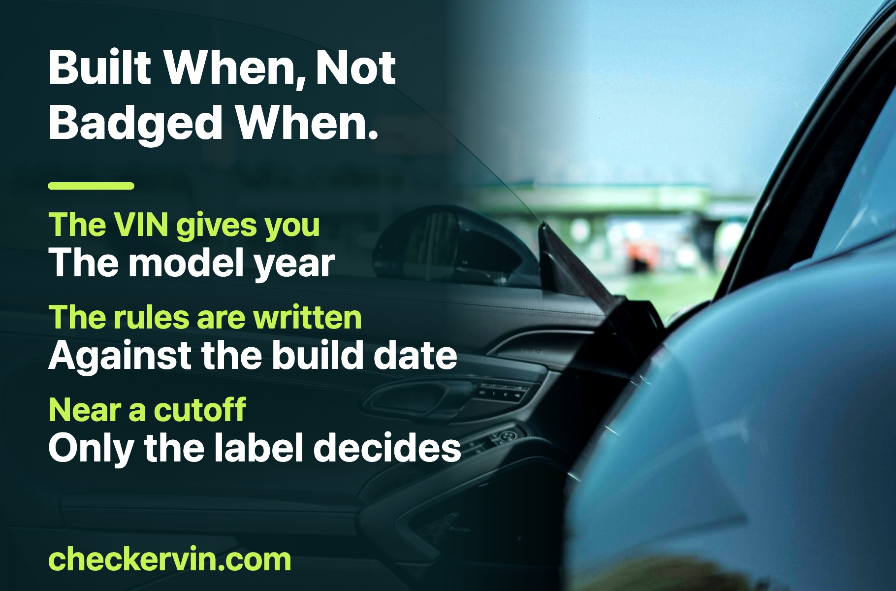 An open car door showing the door card and mirror, where the certification label carrying the build date is fitted