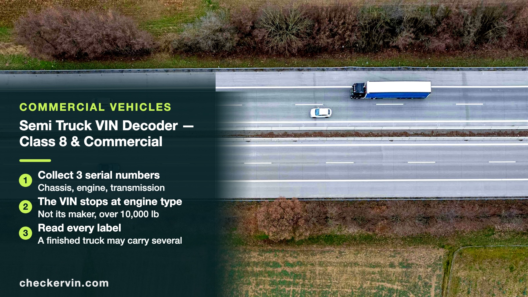 Aerial view of a tractor-trailer on a highway beside a panel listing three steps for decoding a commercial truck VIN.