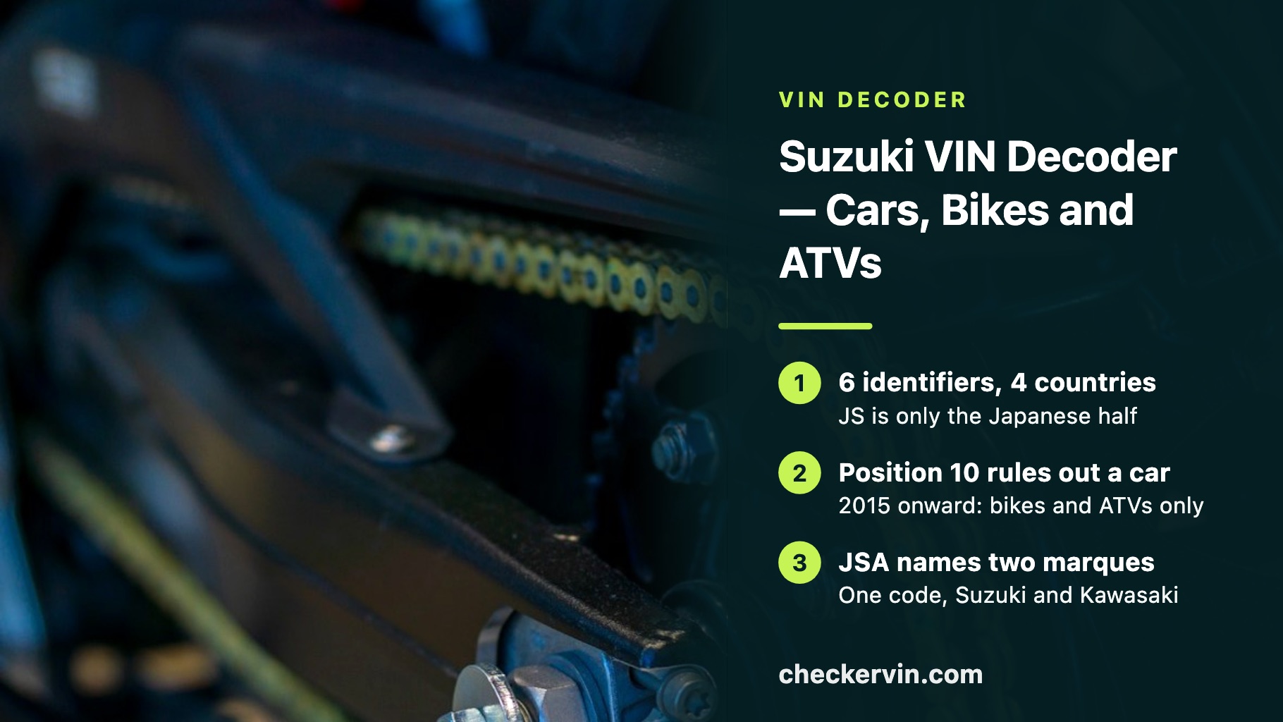 A motorcycle engine and frame close up, beside a panel introducing how to read a Suzuki VIN.