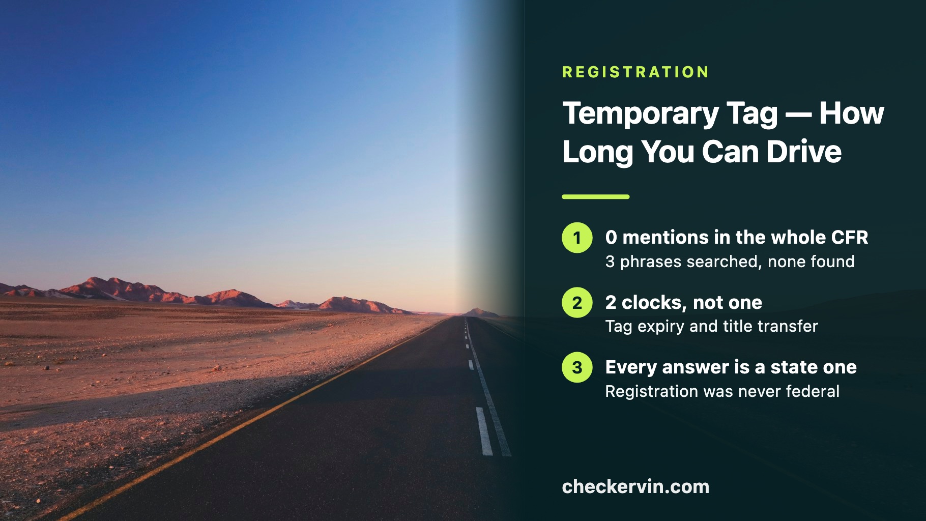 An empty desert highway running to the horizon at dusk, beside a panel about temporary tags.