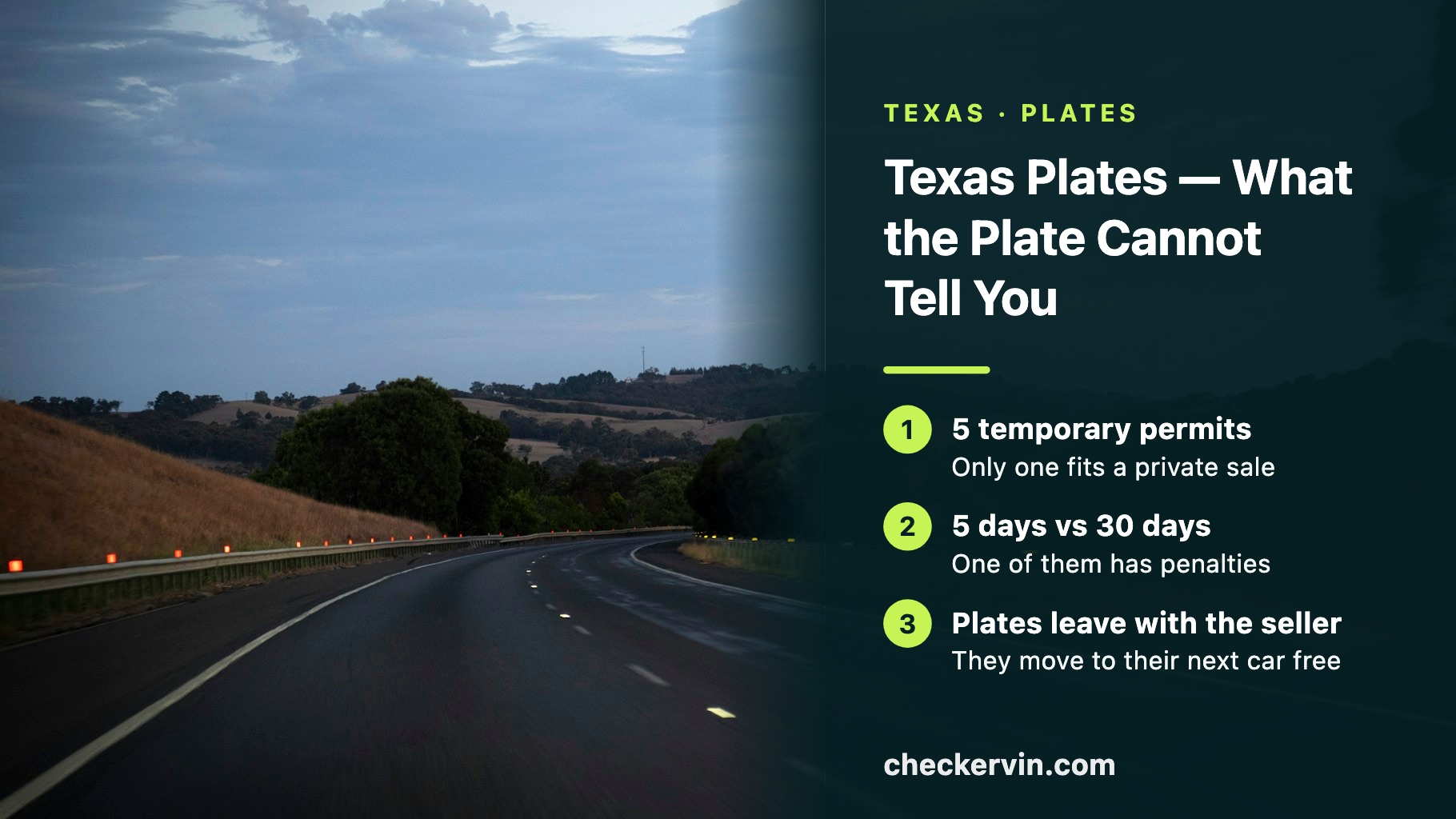 An empty divided highway curving through dry hills at dusk, beside a panel on Texas plates.