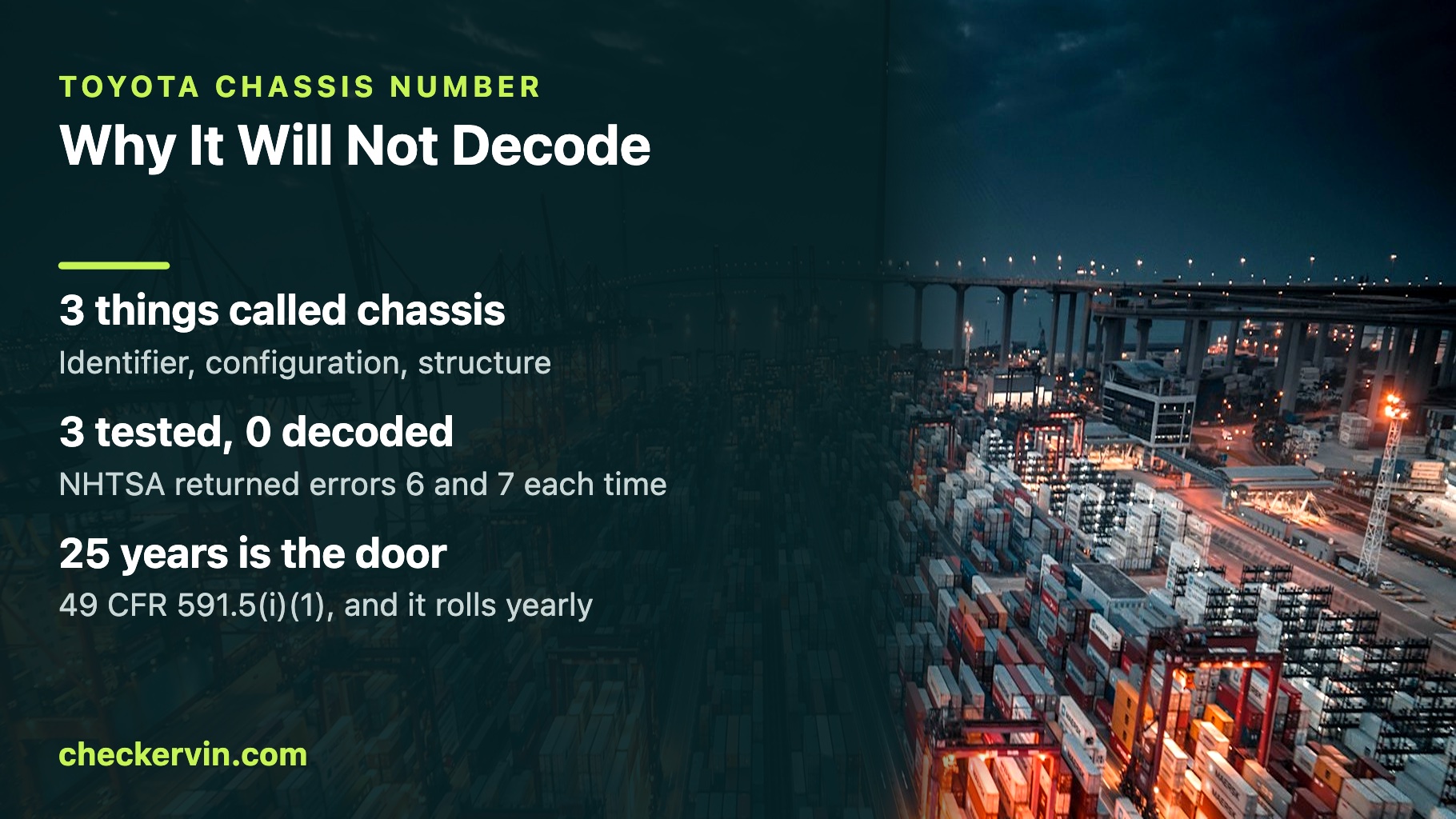 Panel explaining the Toyota chassis number over a shipping port stacked with containers