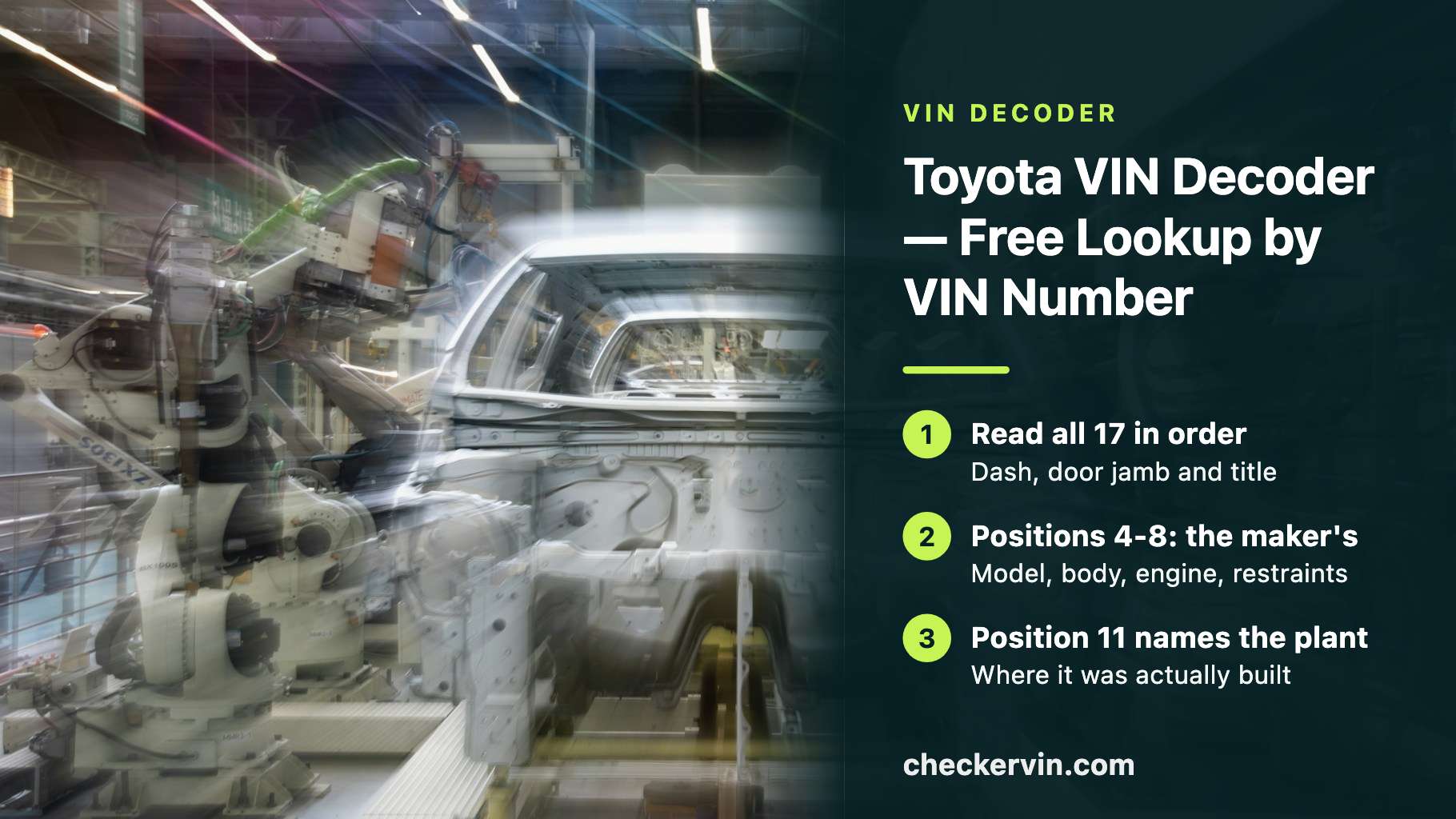 Car body shell on a robotic assembly line beside a panel giving three steps for decoding a Toyota VIN: read all seventeen characters in order, positions four to eight are the manufacturer's own coding, and position eleven names the assembly plant