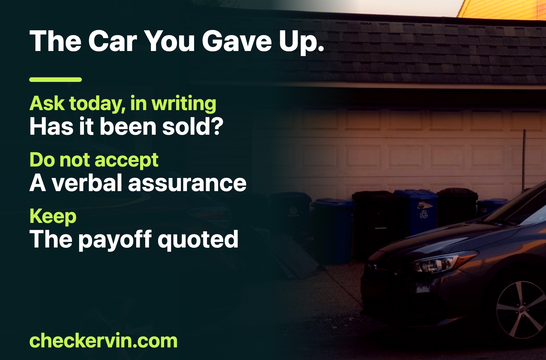A car parked on a residential street at dusk, standing in for the vehicle handed over as a trade-in