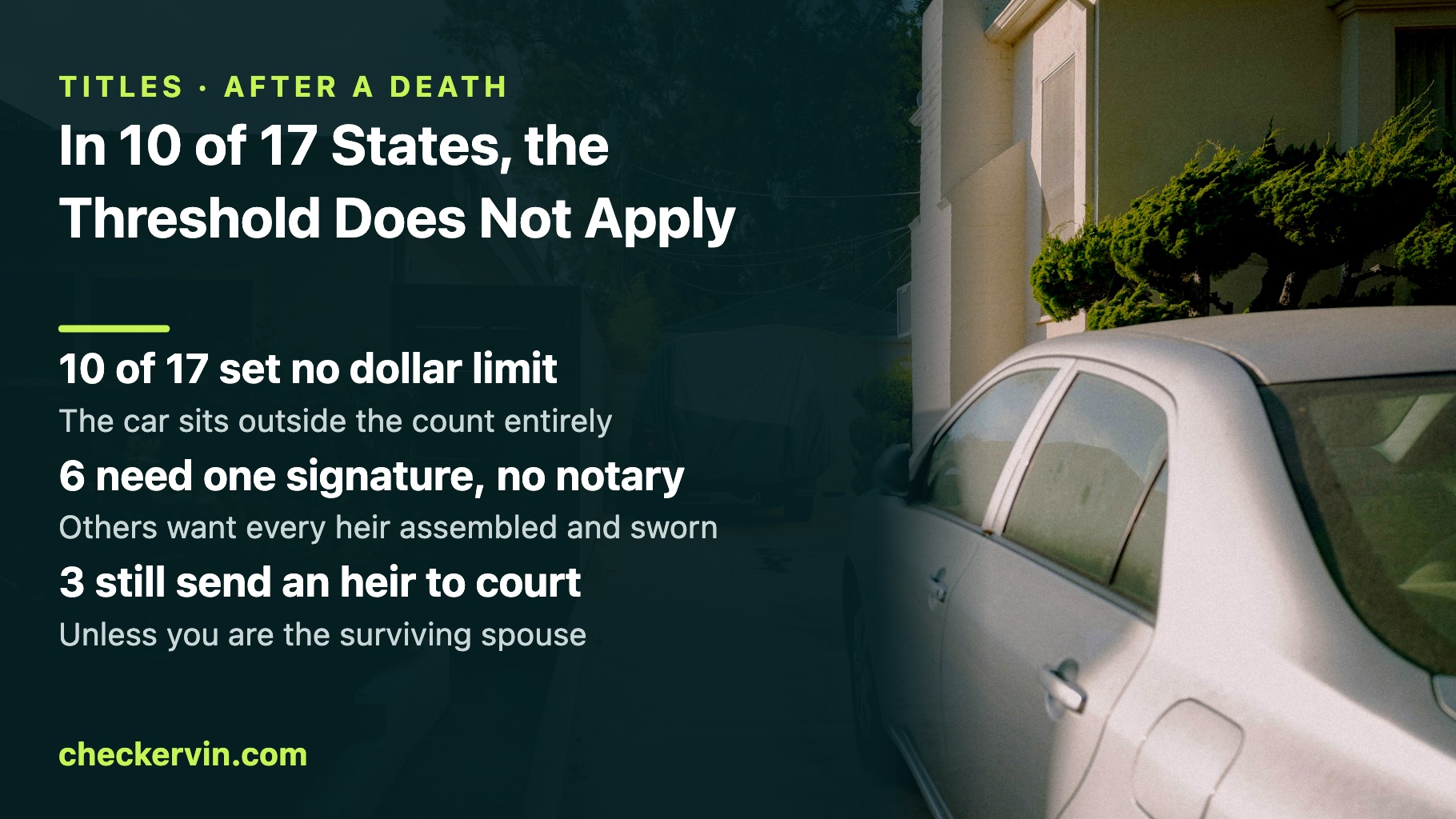 A dusty silver sedan parked tight against a stucco house wall in a narrow residential driveway, unwashed and plainly unused for a while.