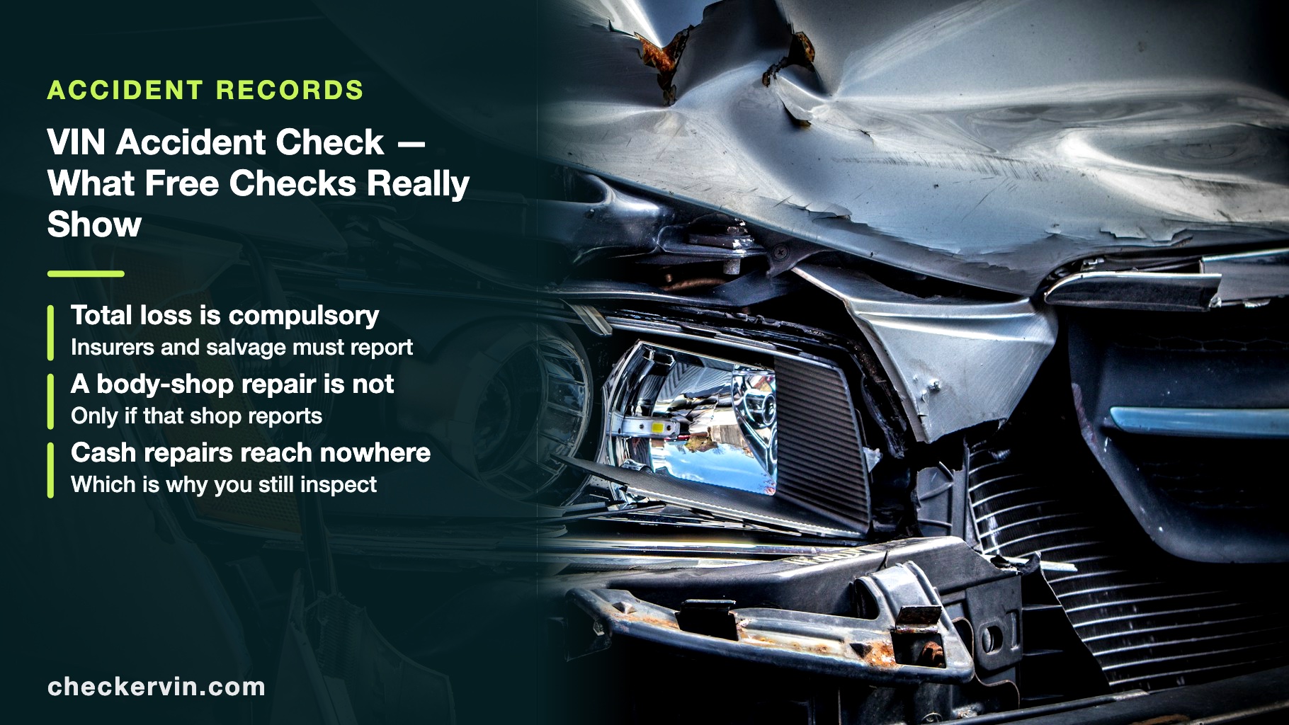 Crushed car front end with shattered headlight beside a panel on how reliably each severity of crash is recorded.