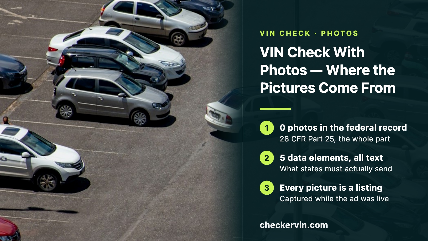 A camera photographing a car in a lot beside a panel about where VIN pictures come from.