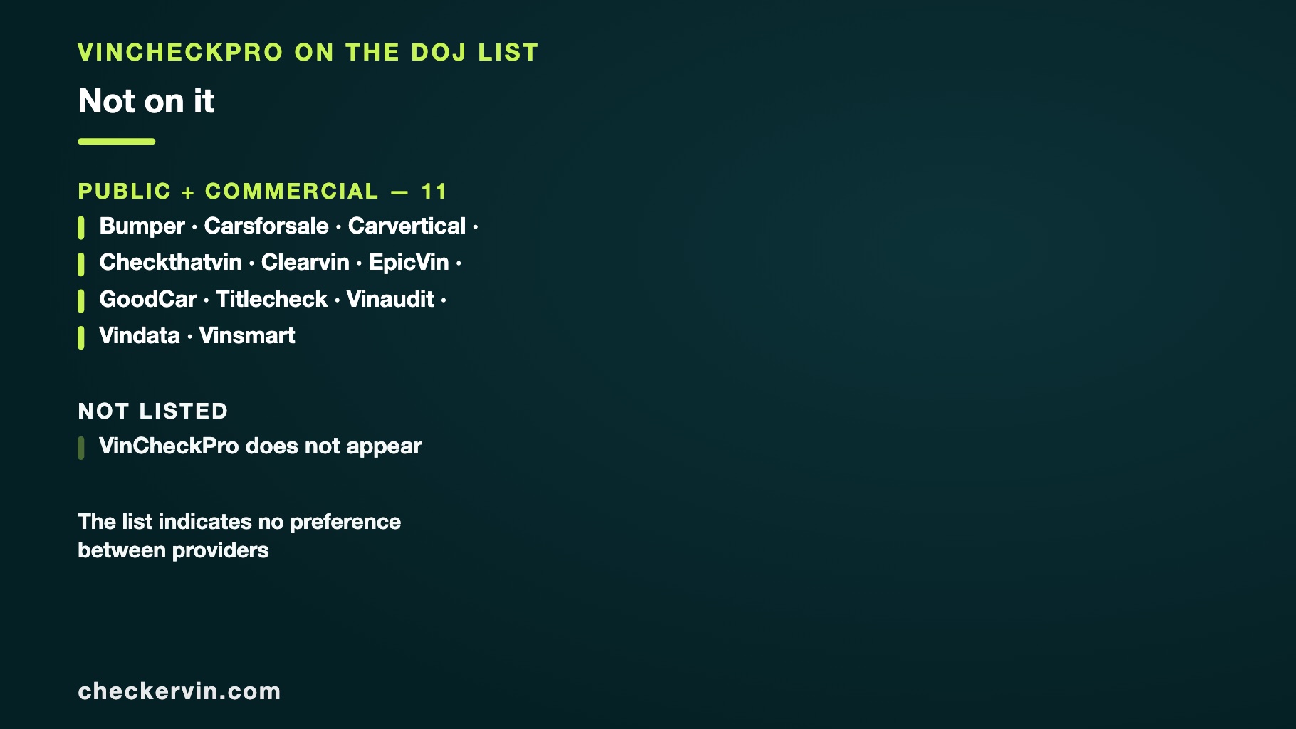 Panel showing the consumer tier of the federal provider list with VinCheckPro absent.