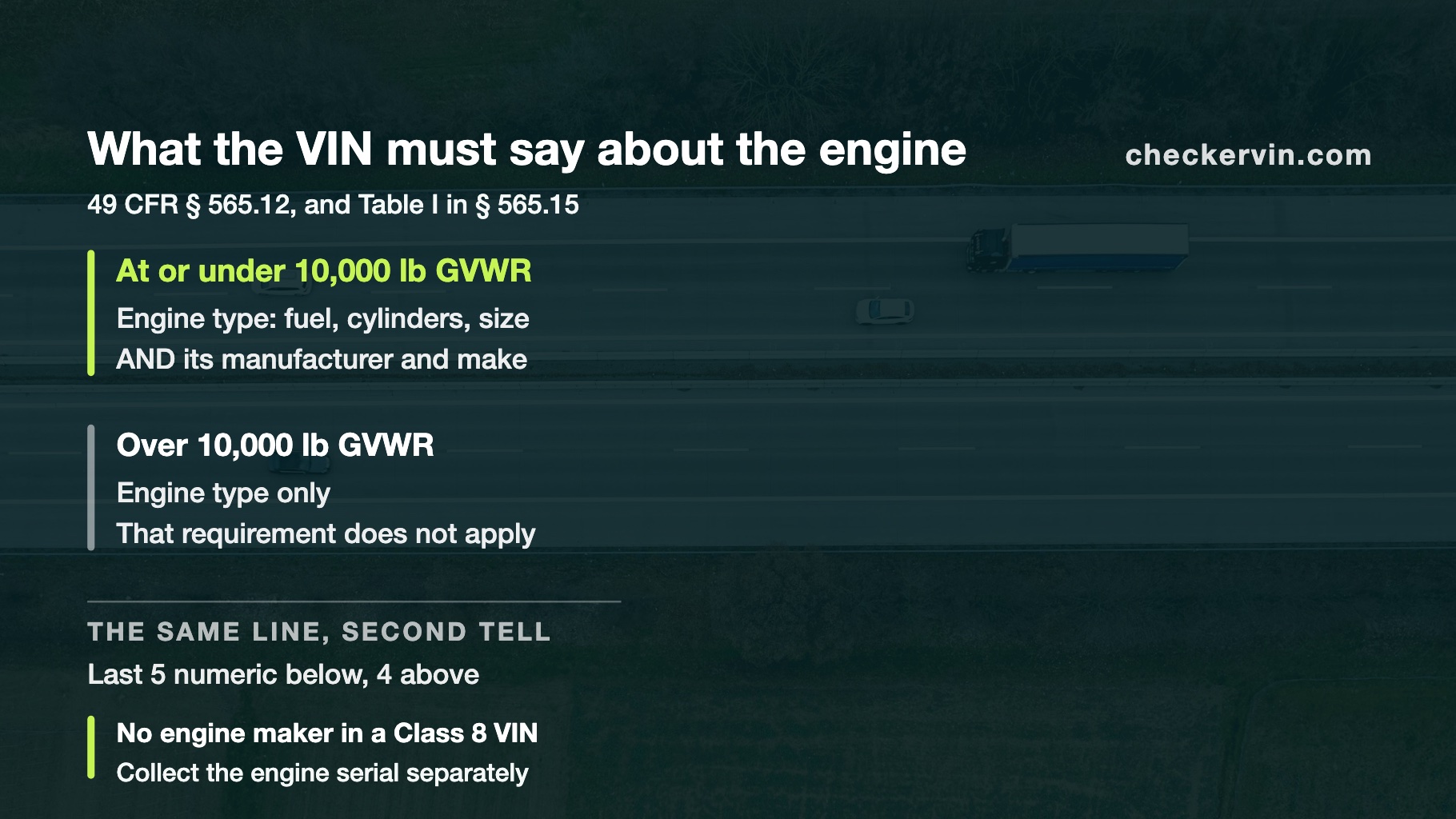 Two blocks comparing what a VIN must encode about the engine at or under ten thousand pounds versus above it.