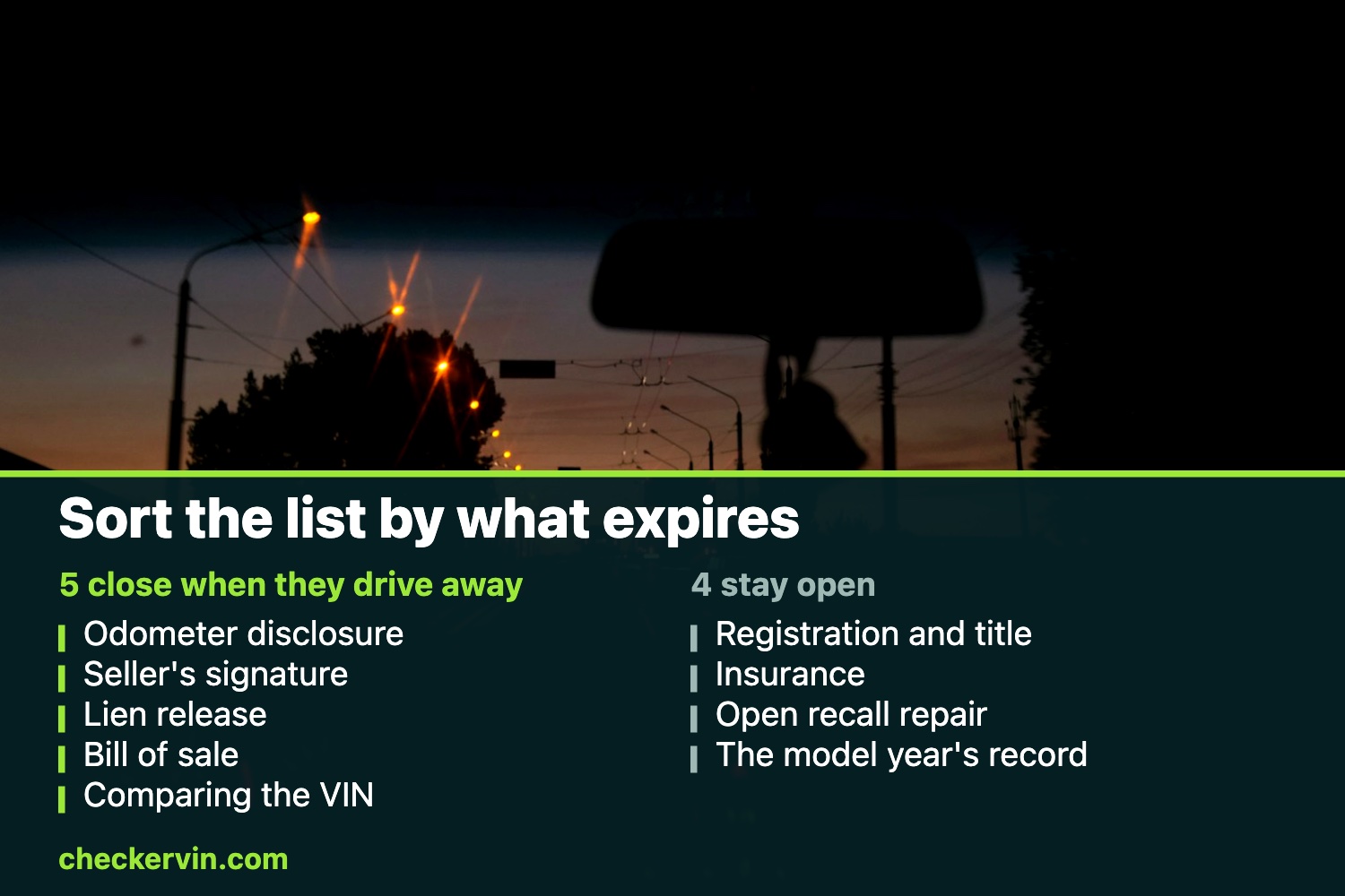 Driver's view at dusk with the nine post-purchase items split into closing and open