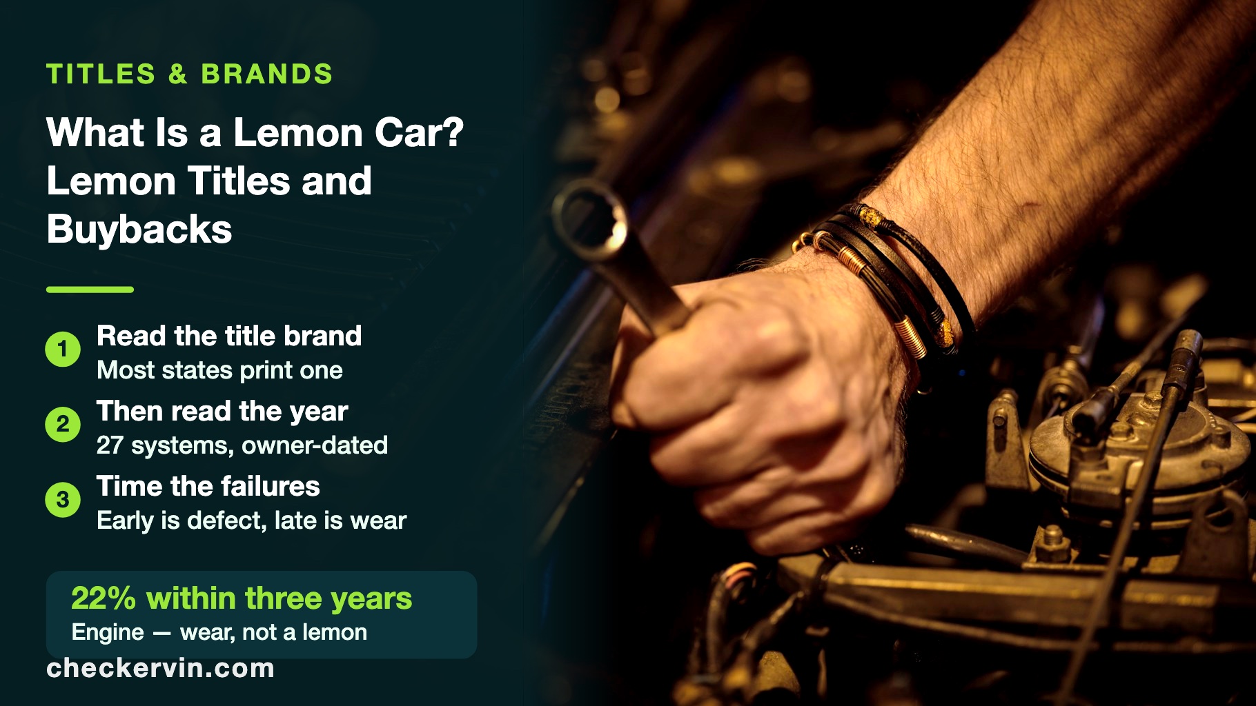 Mechanic's hand turning a wrench on an engine beside a panel defining a lemon car and its three-step check.