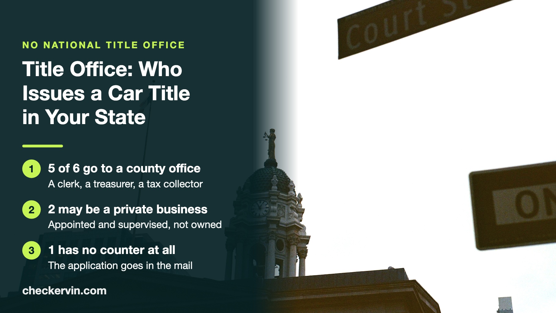 A county courthouse dome carrying the figure of Justice, under a street sign reading Court St.