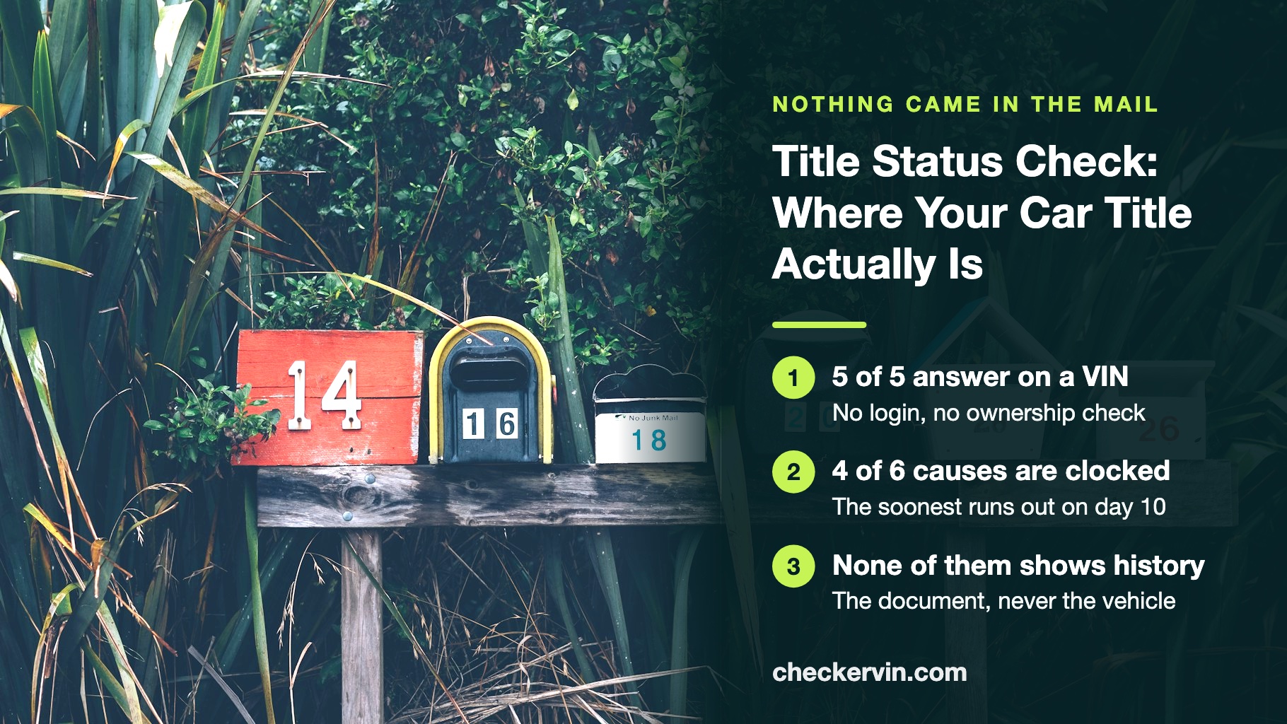 A row of numbered household mailboxes on a weathered plank, every one of them shut.
