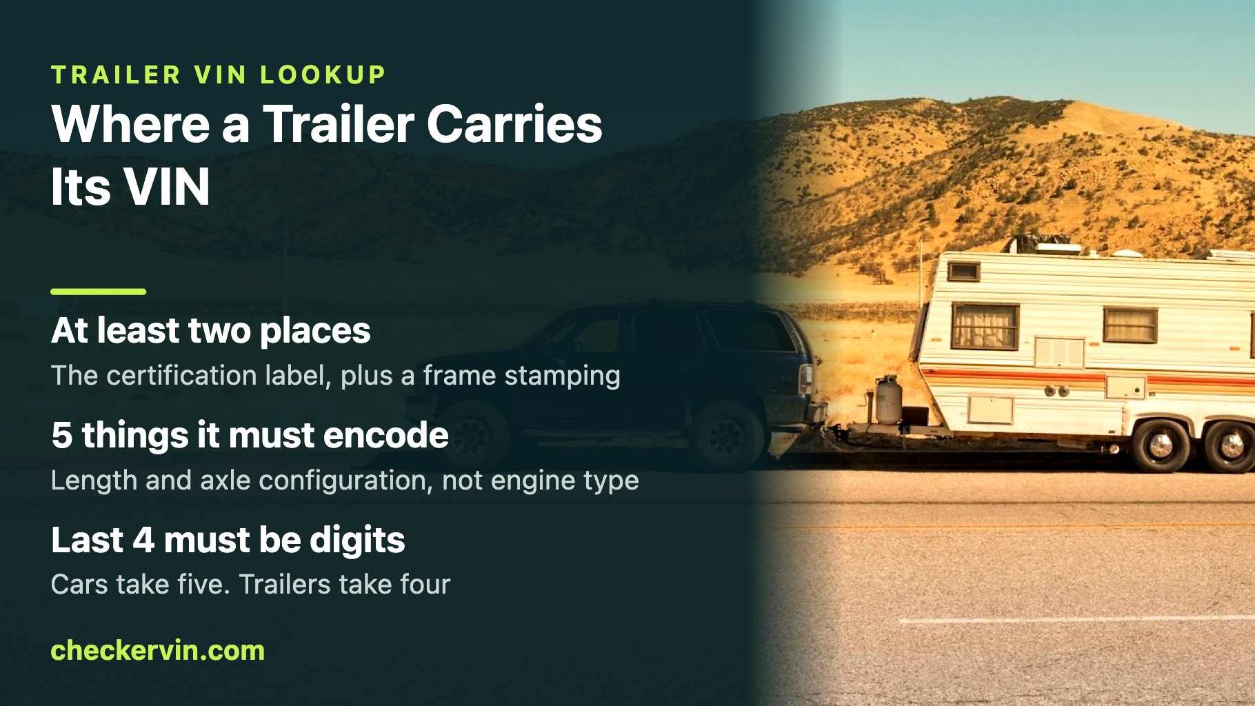 Panel listing where a trailer carries its VIN, over an SUV towing a travel trailer